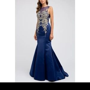Elegant Blue and Gold Evening Gown